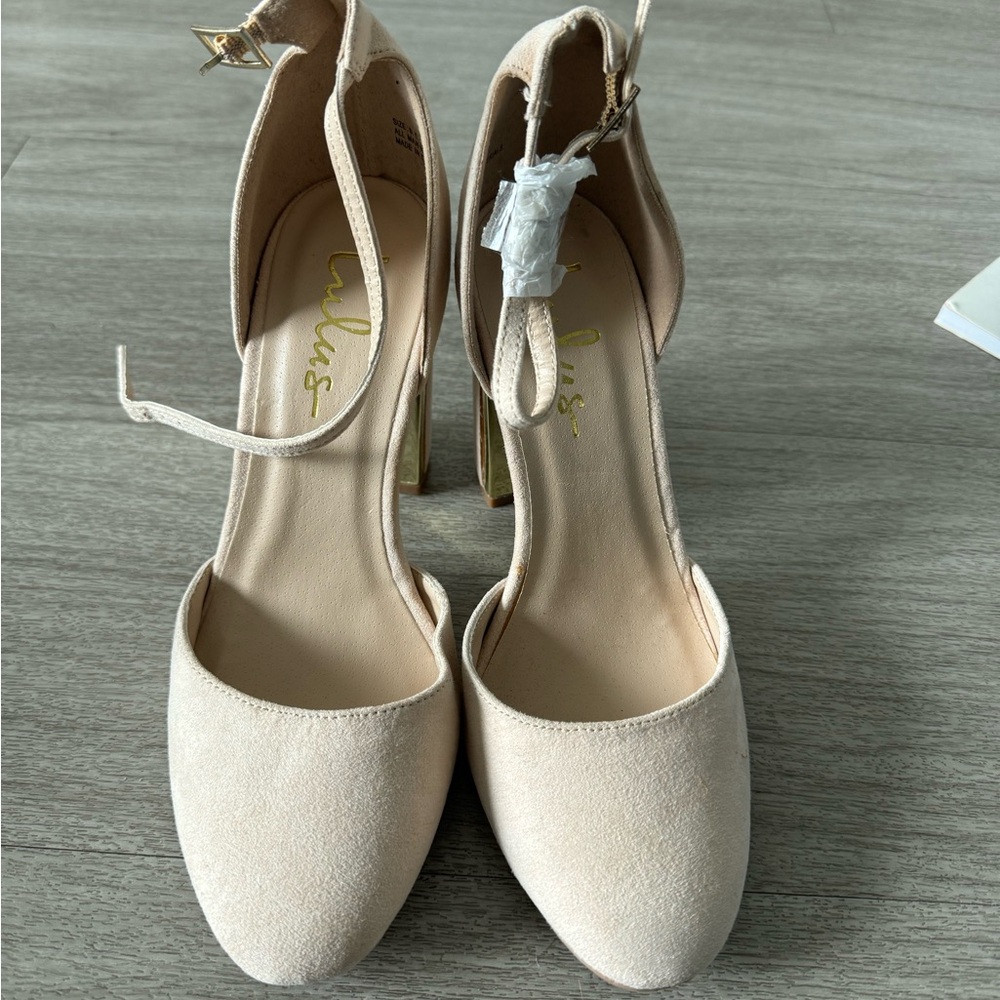 LULUs Elegant Beige Ankle Strap Heels